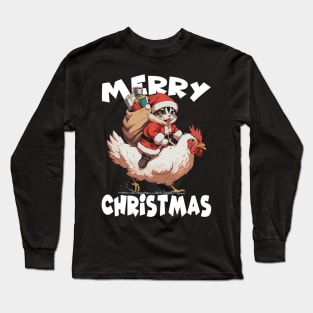 Merry Christmas, Funny Cute Cat on a Chicken Long Sleeve T-Shirt